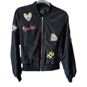 Love Tree Retro Lightweight Black Bomber Jacket with Colorful Patches, L